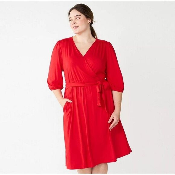 DRAPER JAMES RSVP Knit Wrap Style Dress 1X Stretch Red with Tie Belt 3/4 Sleeves - Picture 1 of 2